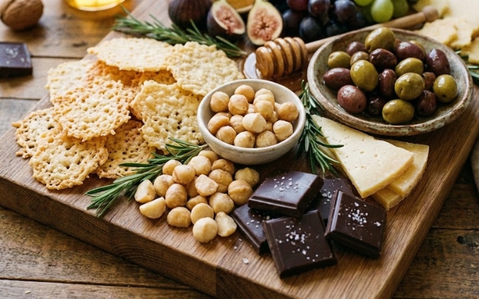 Grazing board with low carb pantry essentials like cheese crisps and nuts