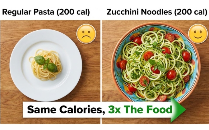 Volume eating comparison showing small pasta portion versus large zucchini noodle portion