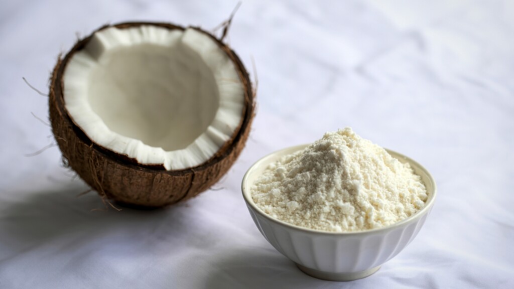 Coconut flour in a white bowl beside a halved coconut on a light kitchen surface.