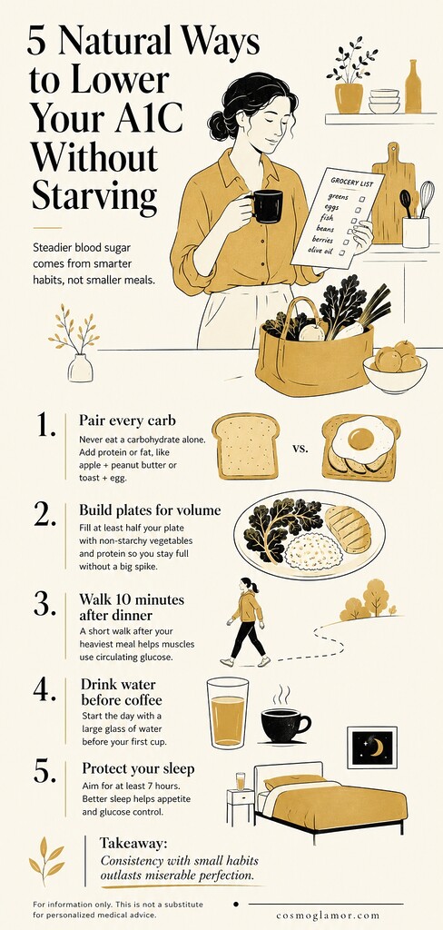 Editorial infographic summarizing five natural ways to lower A1C without starving, including pairing carbs with protein or fat, building filling plates, walking after dinner, drinking water before coffee, and prioritizing sleep.
