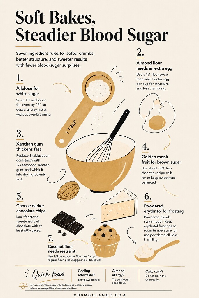 Editorial infographic titled “Soft Bakes, Steadier Blood Sugar,” summarizing seven diabetic-friendly baking swaps for softer low-carb desserts.