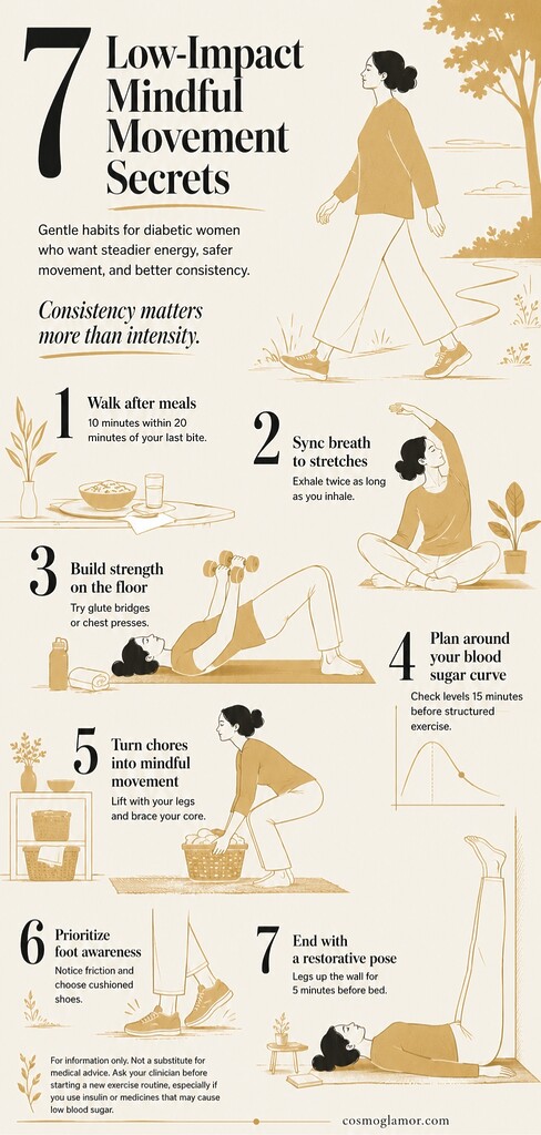 Editorial illustration summarizing seven low-impact mindful movement tips for diabetic women, including walking after meals, gentle stretching, floor exercises, foot awareness, and a restorative legs-up-the-wall pose.