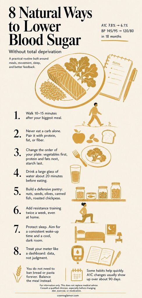 Editorial illustration summarizing eight natural ways to lower blood sugar, including post-meal walking, balanced carbs, hydration, pantry planning, strength training, sleep, and glucose tracking.