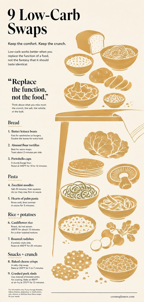 Editorial infographic showing nine low-carb food swaps, including lettuce boats, almond flour tortillas, portobello caps, zucchini noodles, cauliflower rice, roasted radishes, cheese crisps, and crushed pork rinds.