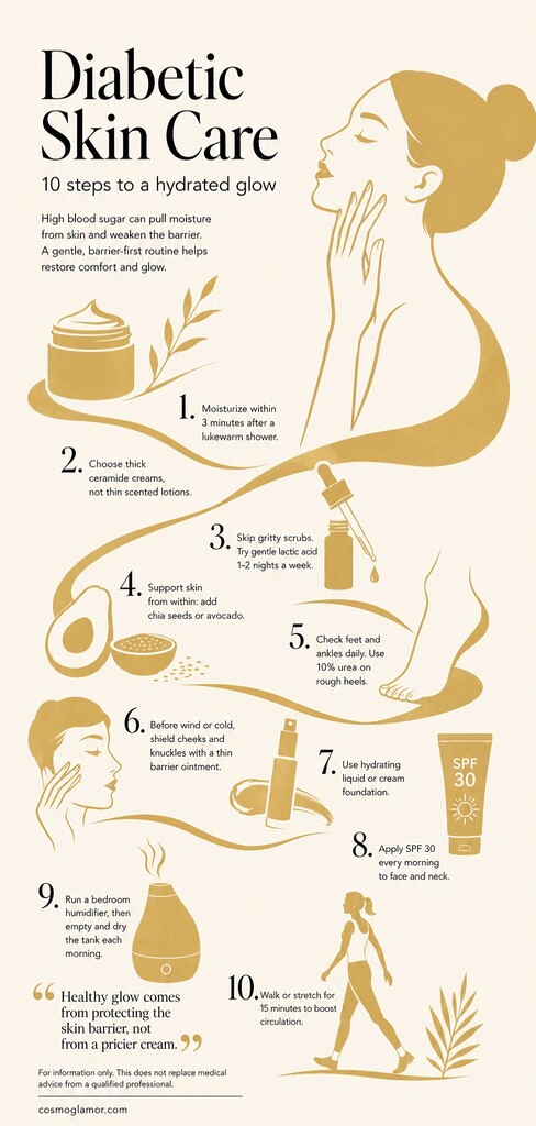 Editorial illustration summarizing 10 diabetic skin care tips, including moisturizing after lukewarm showers, using ceramide cream, SPF 30, foot checks, humidifier care, and movement for healthier skin.