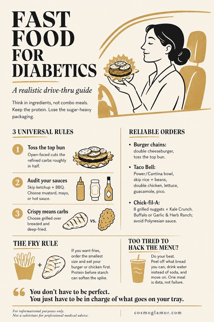 Editorial infographic about diabetic-friendly fast food choices, showing a relaxed driver with an open-faced burger plus tips to skip the top bun, choose low-sugar sauces, avoid crispy breading, order smaller fries, and drink water.