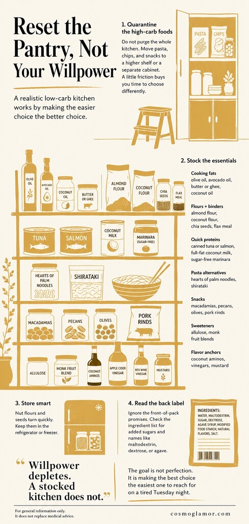 Low-carb pantry reset guide showing organized shelves with oils, nut flours, canned fish, pasta alternatives, snacks, sweeteners, and label-reading tips.
