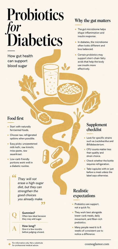 Editorial infographic about probiotics for diabetics, showing a flat gut-shaped path with kefir, fermented vegetables, miso, probiotic capsules, and key tips for supporting blood sugar through gut health.