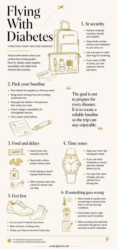Editorial checklist illustration for flying with diabetes, showing carry-on diabetes supplies, airport security tips, food planning, time-zone medication reminders, foot care, and travel backup advice.