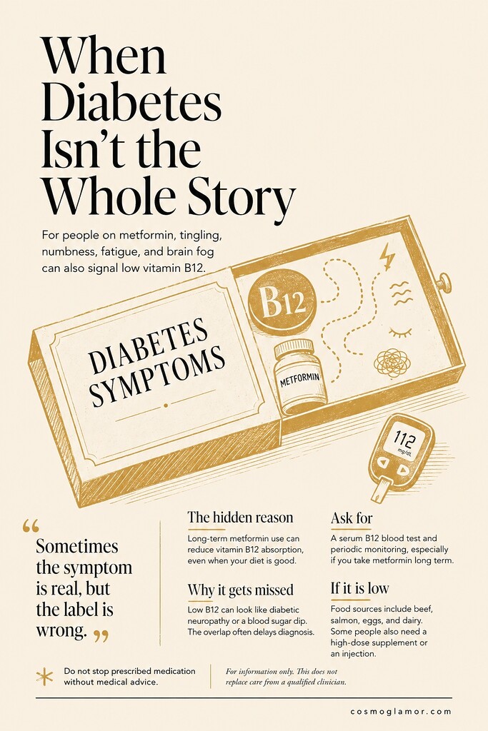 Illustration of diabetes symptoms hiding a low vitamin B12 deficiency, with metformin, a B12 marker, nerve symptoms, and a glucose meter.