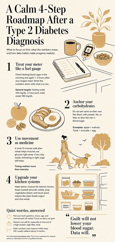 Editorial infographic showing a calm 4-step roadmap for type 2 diabetes management, including blood sugar testing, balanced carbohydrates, post-meal walking, and kitchen planning.