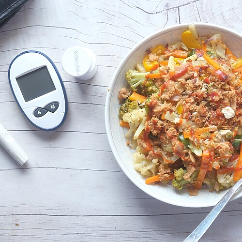 Blood glucose meter beside a bowl of vegetables and protein, representing diabetes-friendly meal planning.