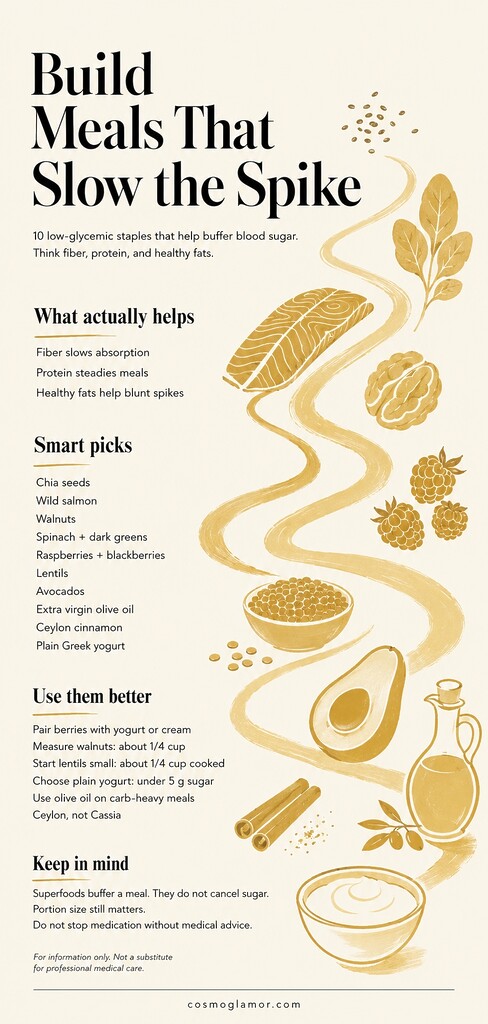 Editorial illustration showing low-glycemic foods like chia seeds, salmon, walnuts, leafy greens, berries, lentils, avocado, olive oil, cinnamon, and Greek yogurt arranged around tips for building meals that help slow blood sugar spikes.
