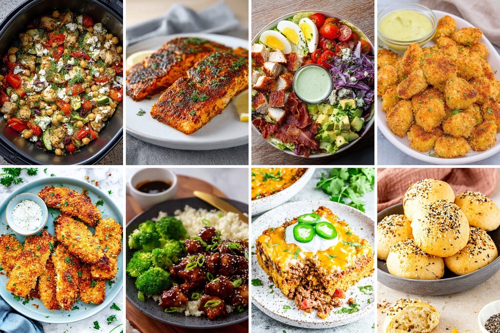Assorted low-carb air fryer recipes with crispy chicken, salmon, salad bowl, cheesy casserole, and rolls.