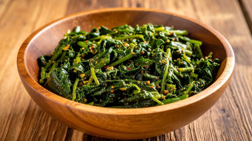 Cooked dark leafy greens served in a wooden bowl.