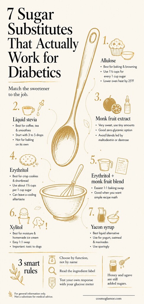 Editorial infographic showing seven diabetic-friendly sugar substitutes, including allulose, liquid stevia, monk fruit, erythritol, xylitol, and yacon syrup, with practical tips for baking, drinks, labels, and glucose testing.