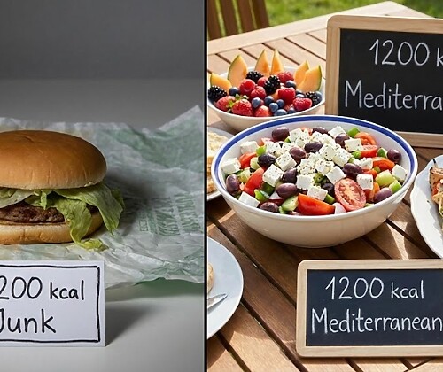 Volume eating comparison showing how much more food you get on a Mediterranean diet versus a junk food diet.