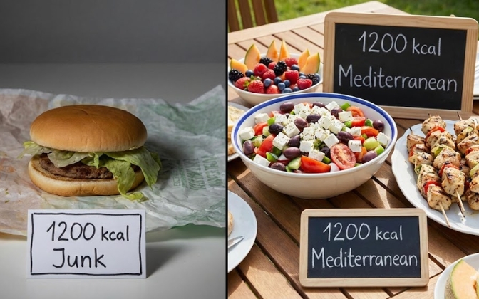 Volume eating comparison showing how much more food you get on a Mediterranean diet versus a junk food diet.