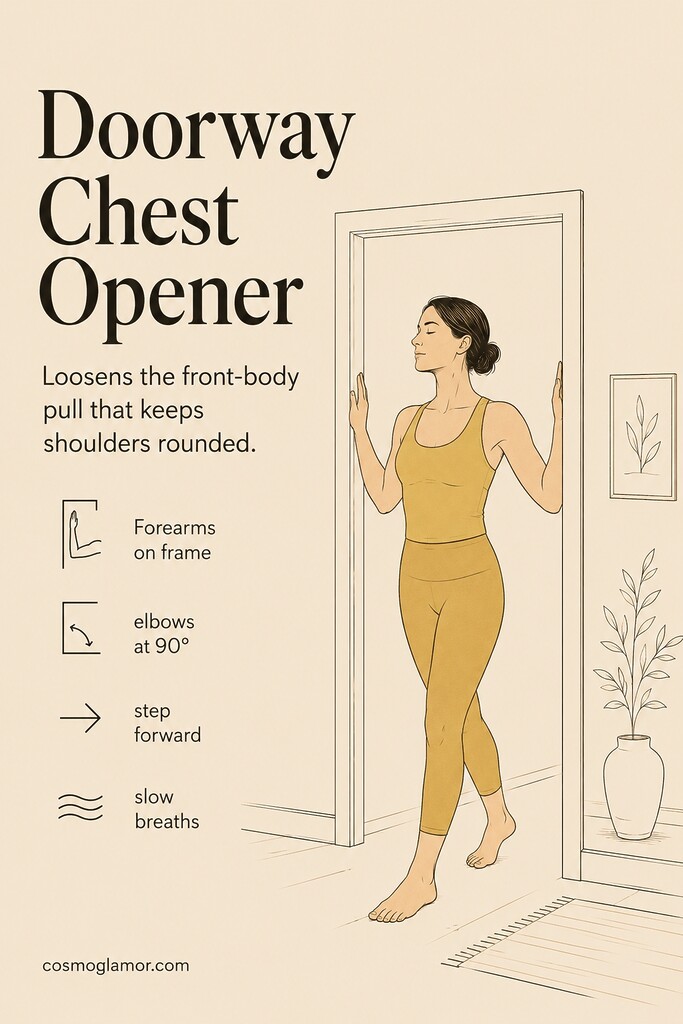 A person doing a doorway chest opener stretch with forearms on the doorframe and one foot stepping forward to ease tight chest and shoulder tension.