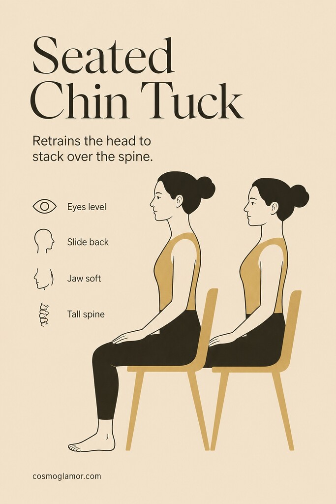 A person seated upright in a chair demonstrating a chin tuck by sliding the head straight back while keeping the gaze level.