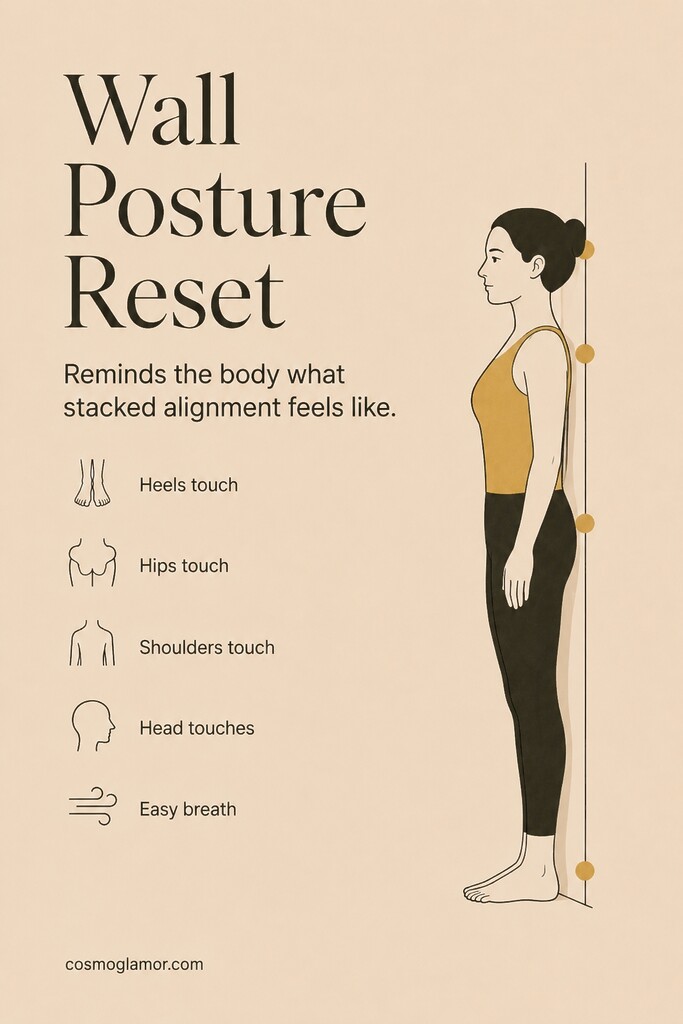 A person standing in profile against a wall with heels, hips, shoulders, and head aligned for a wall posture reset.