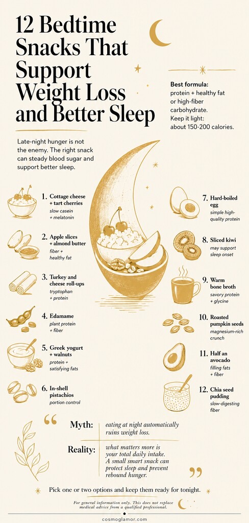 Editorial illustration summarizing 12 healthy bedtime snacks for weight loss and better sleep, including yogurt, kiwi, pistachios, eggs, chia pudding, and bone broth.