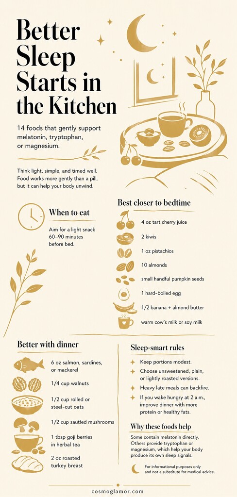 Editorial infographic showing 14 melatonin-supporting foods for better sleep, with timing tips, bedtime snack ideas, dinner options, and sleep-smart portion advice.
