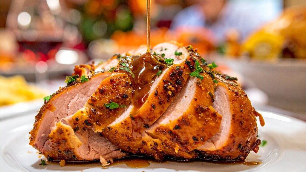 Sliced roasted turkey breast served on a white plate with herbs and sauce.