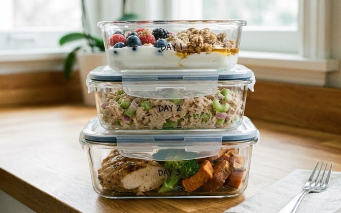 Mediterranean diet meal prep containers stacked for the first three days.