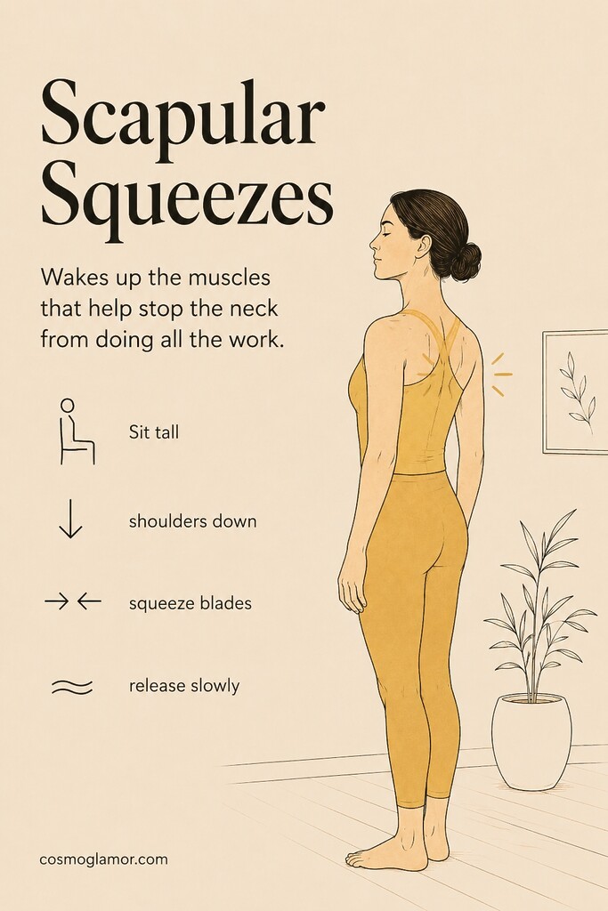 A person sitting tall and squeezing the shoulder blades together without lifting the shoulders toward the ears for neck and upper back support.