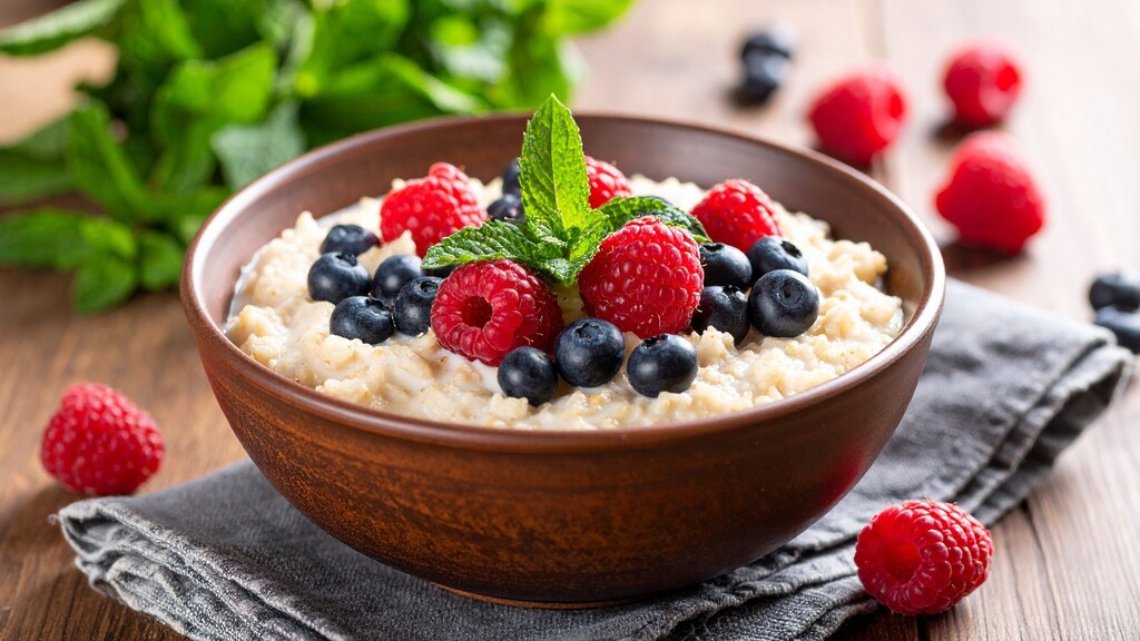 Bowl of oatmeal topped with raspberries, blueberries, and fresh mint on a wooden table.