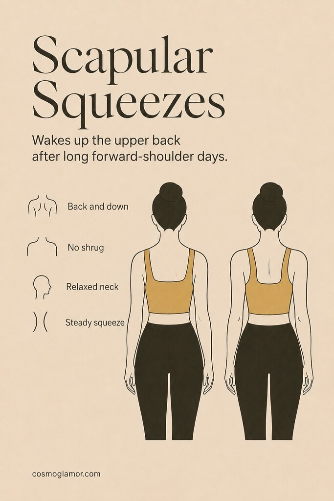A rear view of a person squeezing the shoulder blades back and down to strengthen posture-supporting upper back muscles.