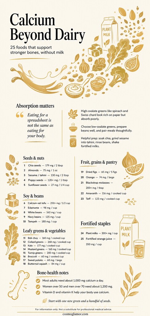 Editorial infographic showing 25 dairy-free calcium foods, including seeds, beans, leafy greens, fruits, grains, and fortified drinks, with key bone health notes.