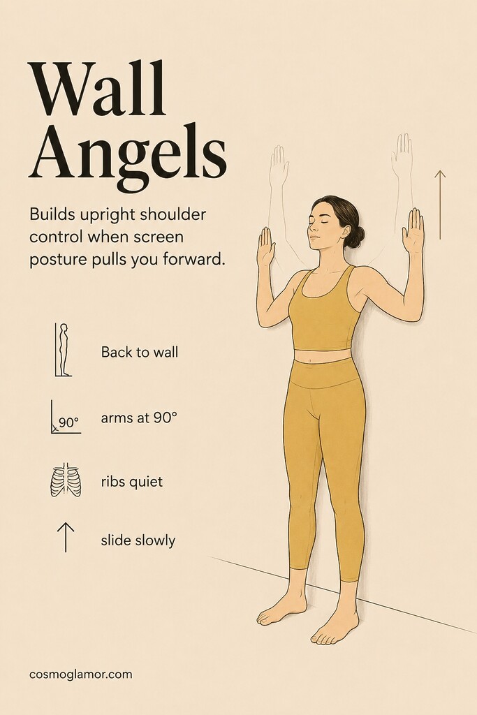 A person performing wall angels with the back, head, elbows, and hands pressed against a wall to improve shoulder stability and posture.