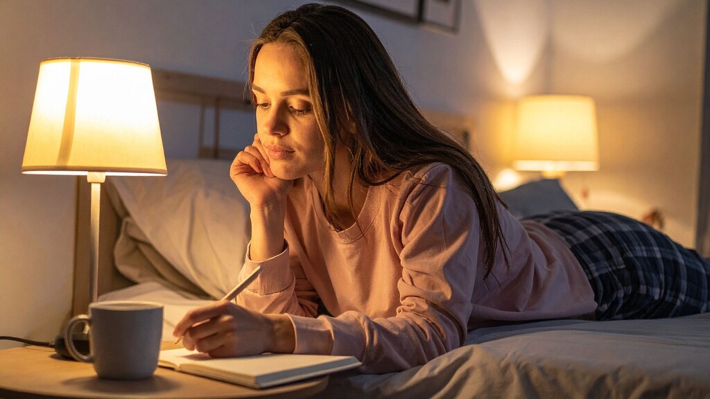Woman writing in a notebook by warm lamp light before bed with a mug nearby.