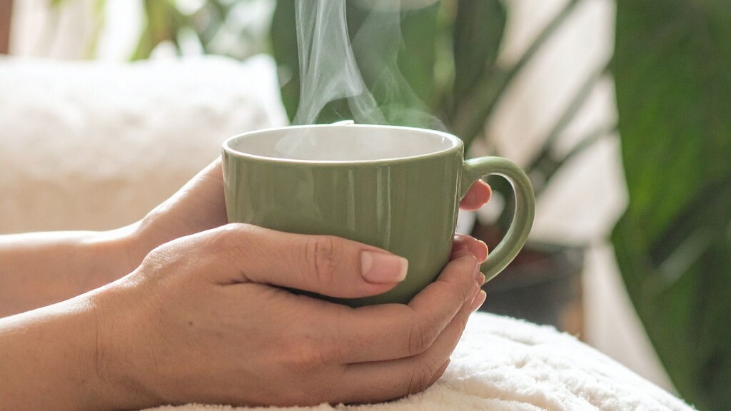 Hands holding a steaming green mug during a calm sensory grounding moment.