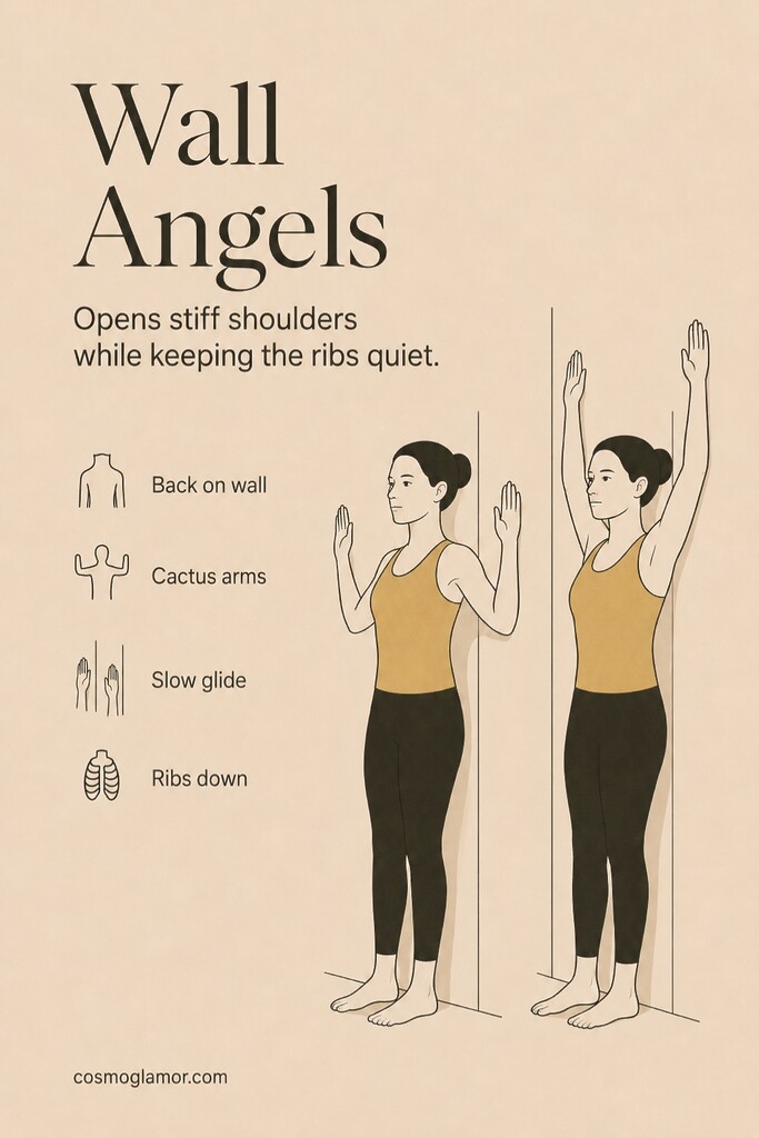 A person standing against a wall with arms in a cactus shape performing wall angels for shoulder mobility and posture alignment.