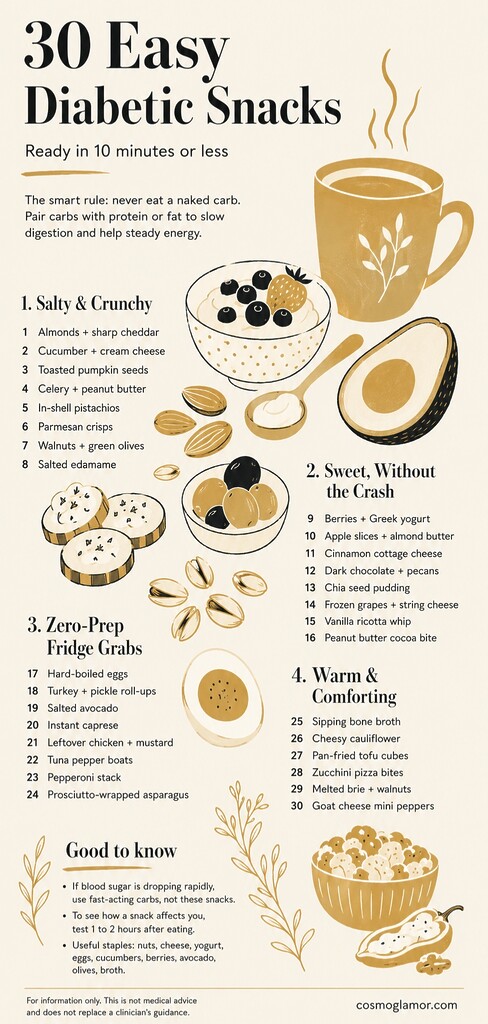 Editorial illustration summarizing 30 easy diabetic snacks ready in 10 minutes or less, grouped into salty, sweet, zero-prep, and warm snack ideas with simple food drawings.