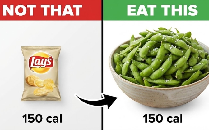 Comparison showing a small amount of chips versus a large bowl of edamame for the same calories.