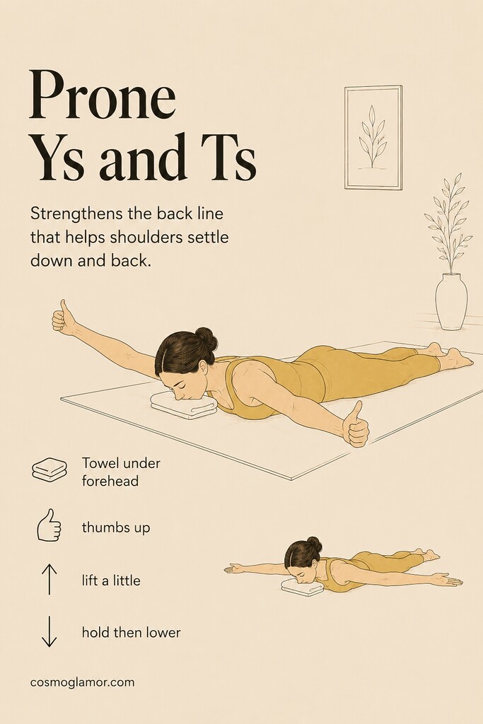 A person lying face down on a mat doing prone Y and T arm lifts with thumbs pointing up to strengthen the upper back.