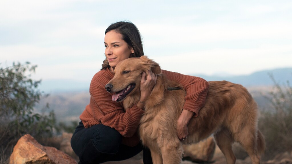 1. Woman hugging a golden retriever outdoors, showing a calming moment of physical touch for stress relief.