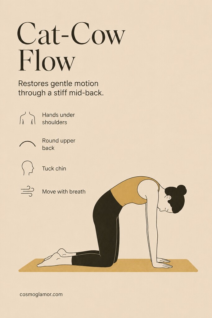 A person on hands and knees rounding the upper back in the cat phase of a cat-cow mobility flow.