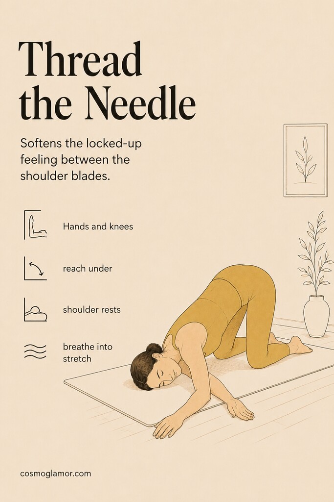 A person doing the thread the needle stretch on hands and knees with one arm reaching under the body to rotate the upper spine.