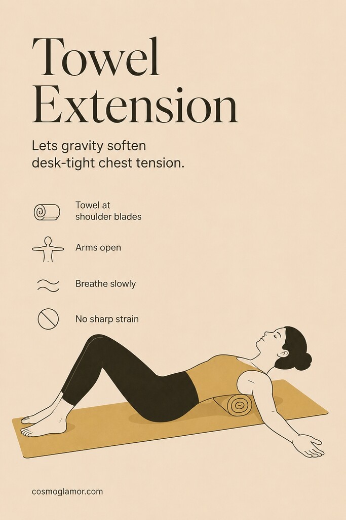 A person lying face-up on a mat with a rolled towel under the upper back and arms open wide for thoracic extension.