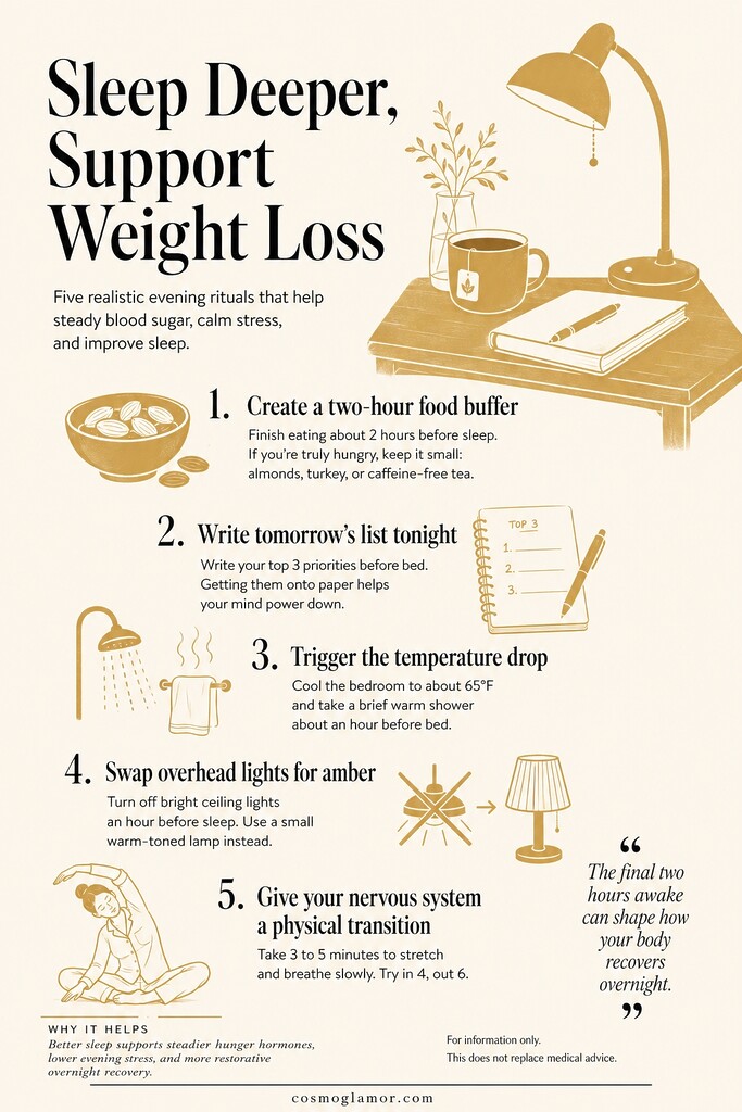Editorial illustration summarizing five bedtime rituals for deeper sleep and weight loss support, including herbal tea, journaling, a warm shower, amber light, and gentle stretching.