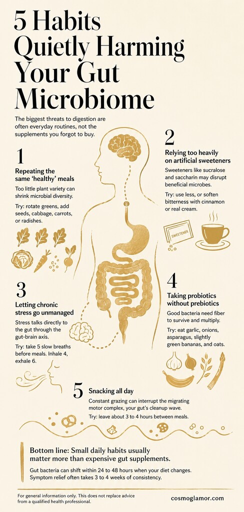 Editorial illustration summarizing five everyday habits that may harm the gut microbiome, including repetitive meals, artificial sweeteners, chronic stress, lack of prebiotic fiber, and constant snacking.