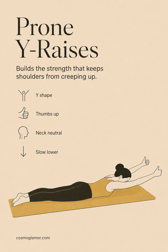 A person lying face-down on a mat lifting the arms in a Y shape to strengthen the lower trapezius.