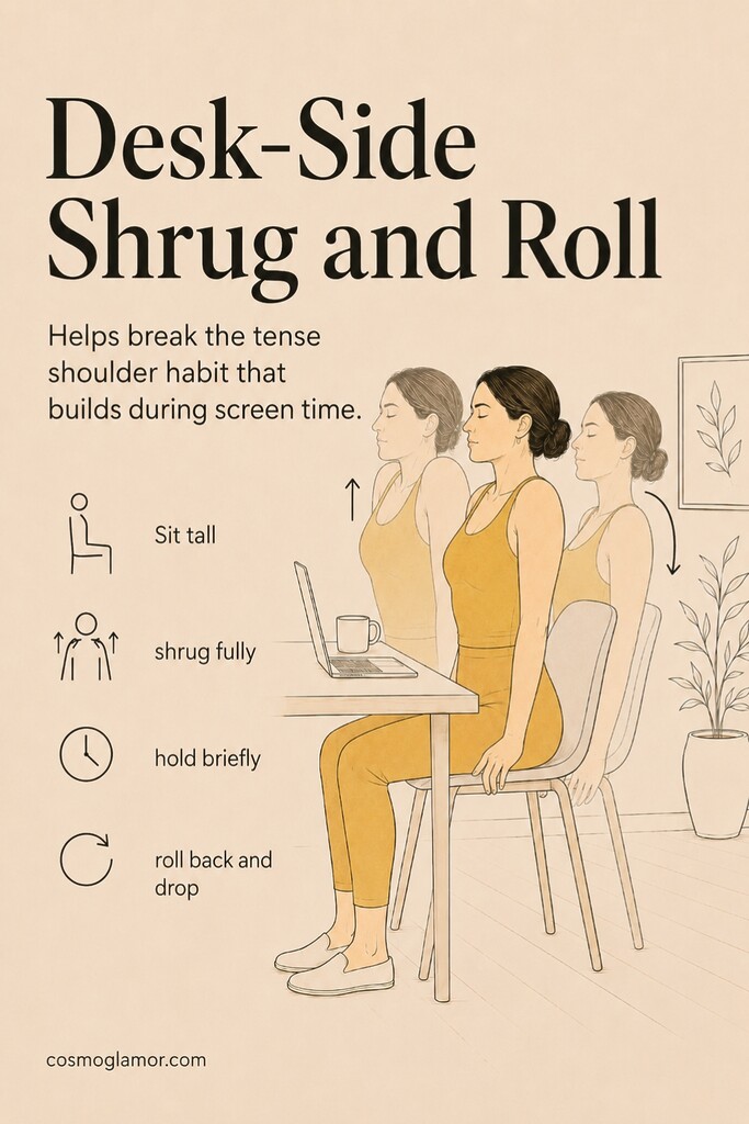 A person sitting at a desk rolling the shoulders backward after a shrug to release upper trap tension from screen posture.
