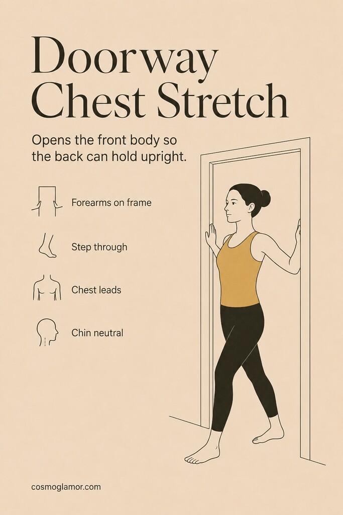 A person standing in a doorway with forearms on the frame and stepping forward into a chest-opening pectoral stretch.
