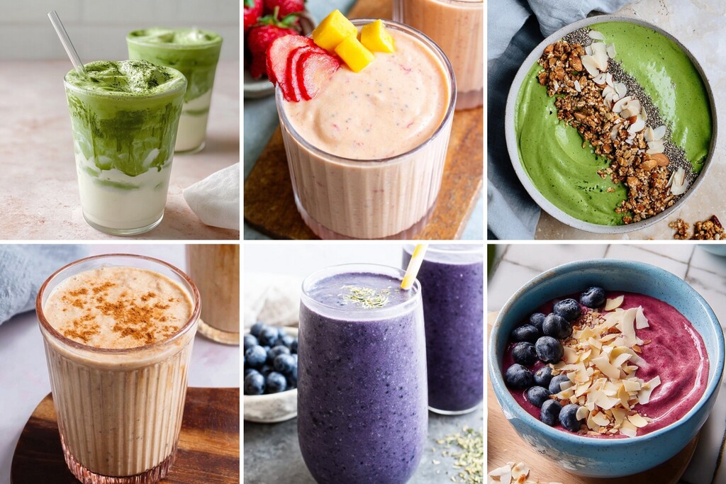 Collage of anti-inflammatory smoothies and smoothie bowls with berries, greens, almonds, and coconut.